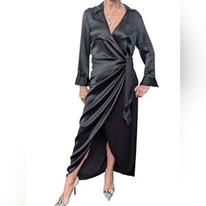 L’Agence 100% Silk Black Wrap Midi Dress Long Sleeve Tie Waist Size 4